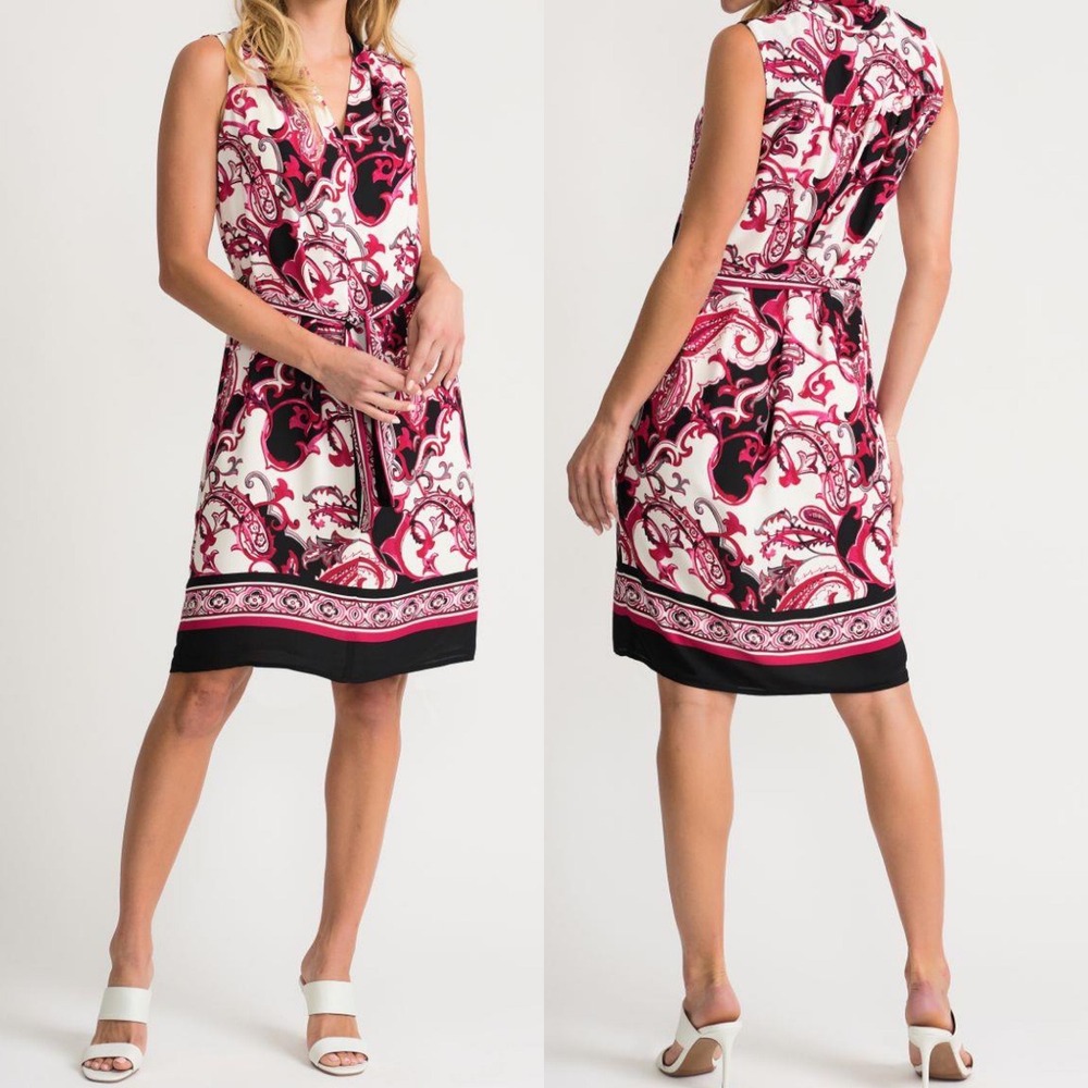 Joseph Ribkoff Canada Belted dress Womens Size 16 Pink Black White Cocktail Boho